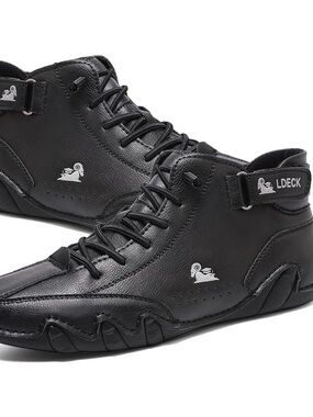 Ldeck Men's Black Lace-Up High-Top Leather Sneakers